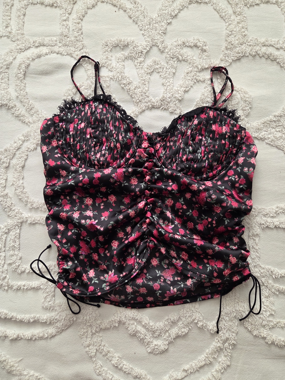 For Love & Lemons Black Satin Floral Ruched Cami with Pink Roses